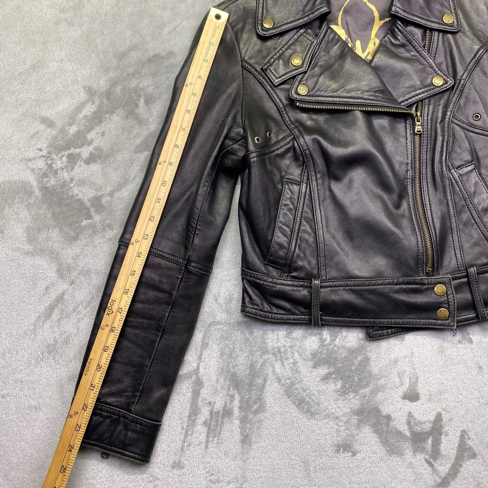 VTG Guess Womens Black Leather Moto Biker Jacket Asymmetrical Zip Brass Sz S/P - Picture 3 of 12